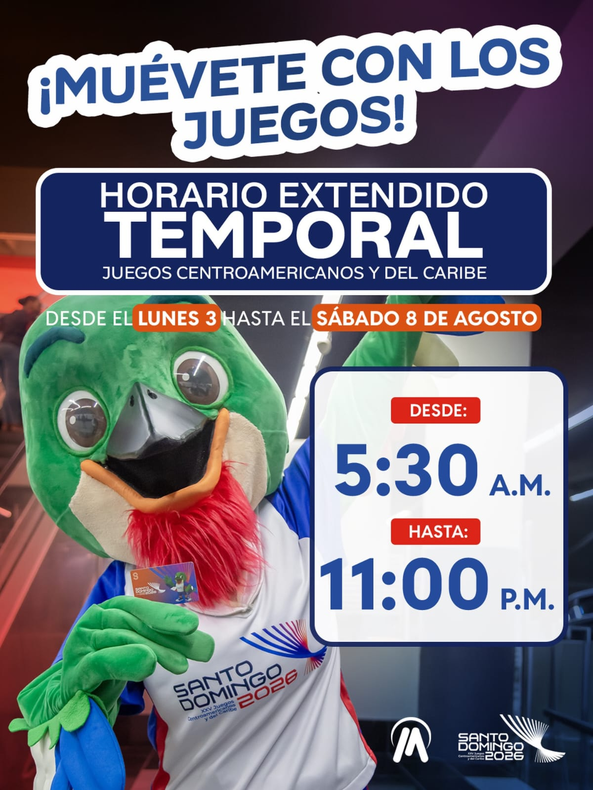 El Metro de Santo Domingo extenderá su horario hasta las 11:00 p. m. por los Juegos Centroamericanos y del Caribe Santo Domingo 2026